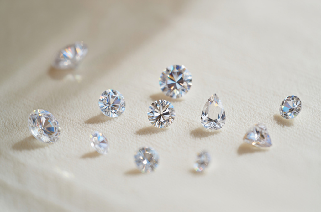 Natural diamonds in different cuts and shapes displayed on a cream surface
