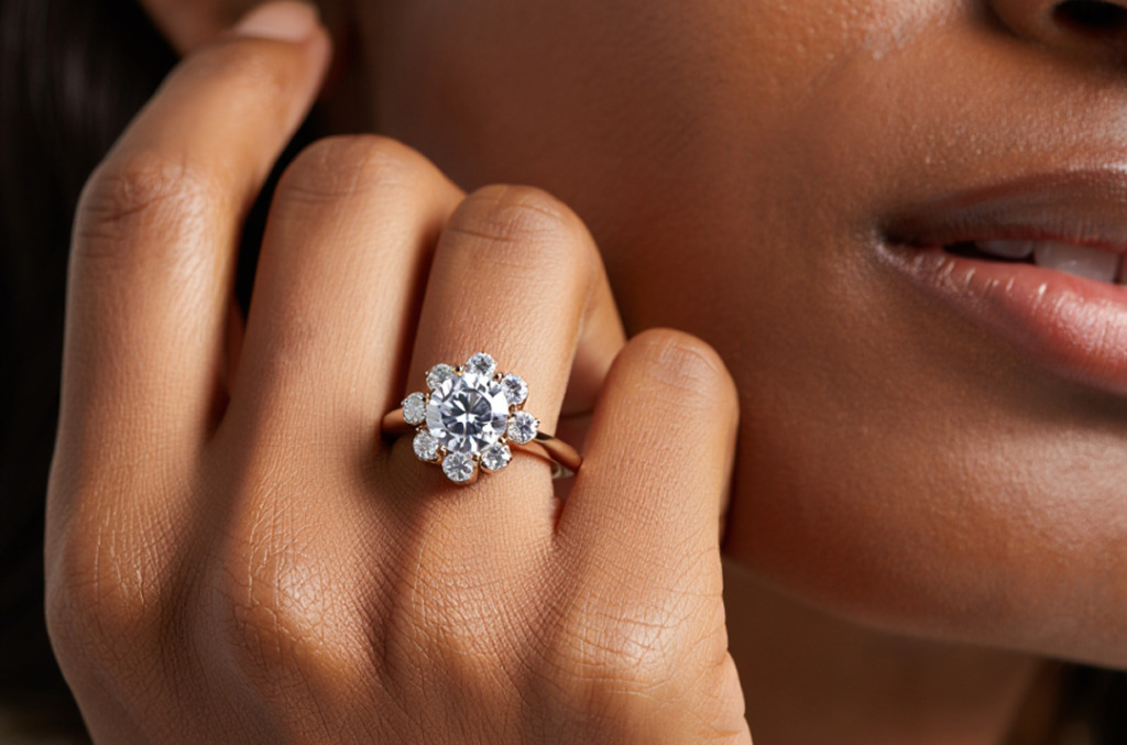 woman wearing white sapphire or natural diamond ring