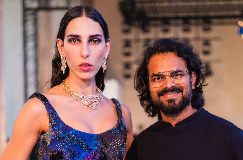 Model wearing Tanishq Desert diamonds with Rahul Mishra at his Paris Couture 2026 show