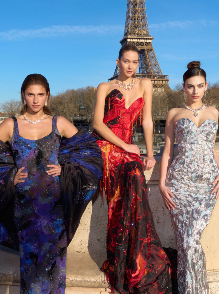 Models wearing Tanishq Desert diamonds at Rahul Mishra's Paris Couture show
