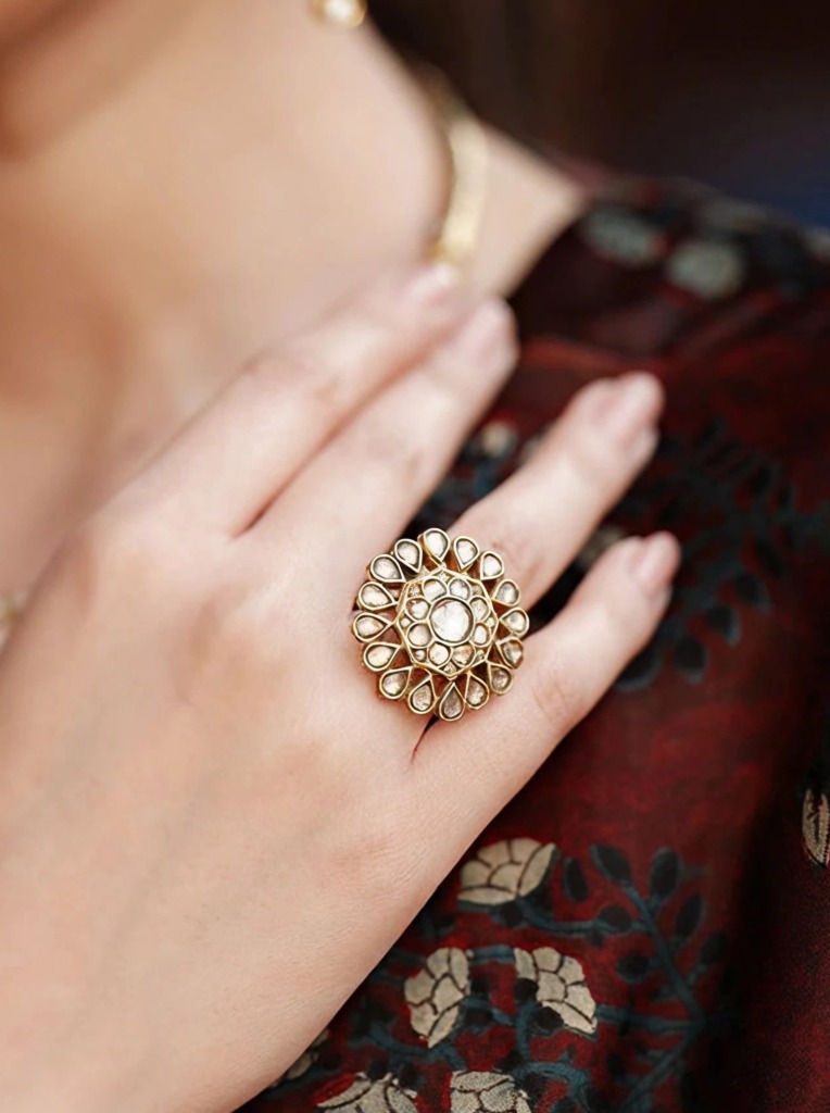 Woman wearing polki diamond ring