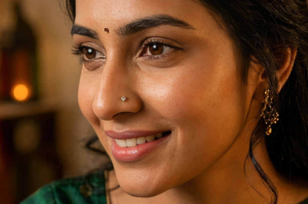Close up of an Indian woman wearing a diamond nose pin