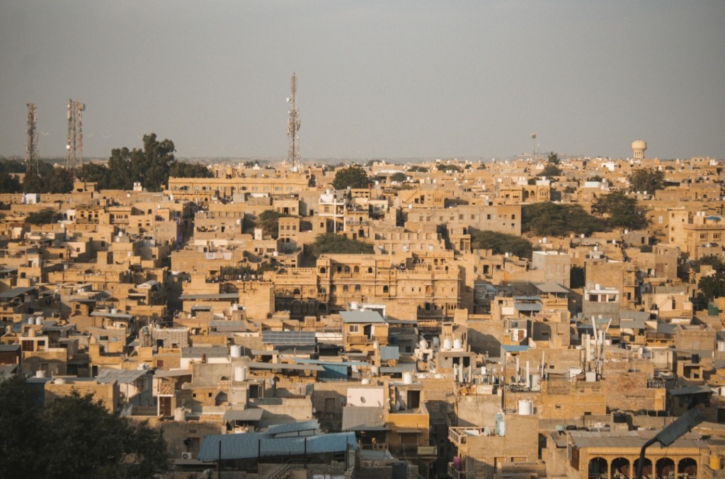 The ochre landscape of Jaisalmer at golden hour