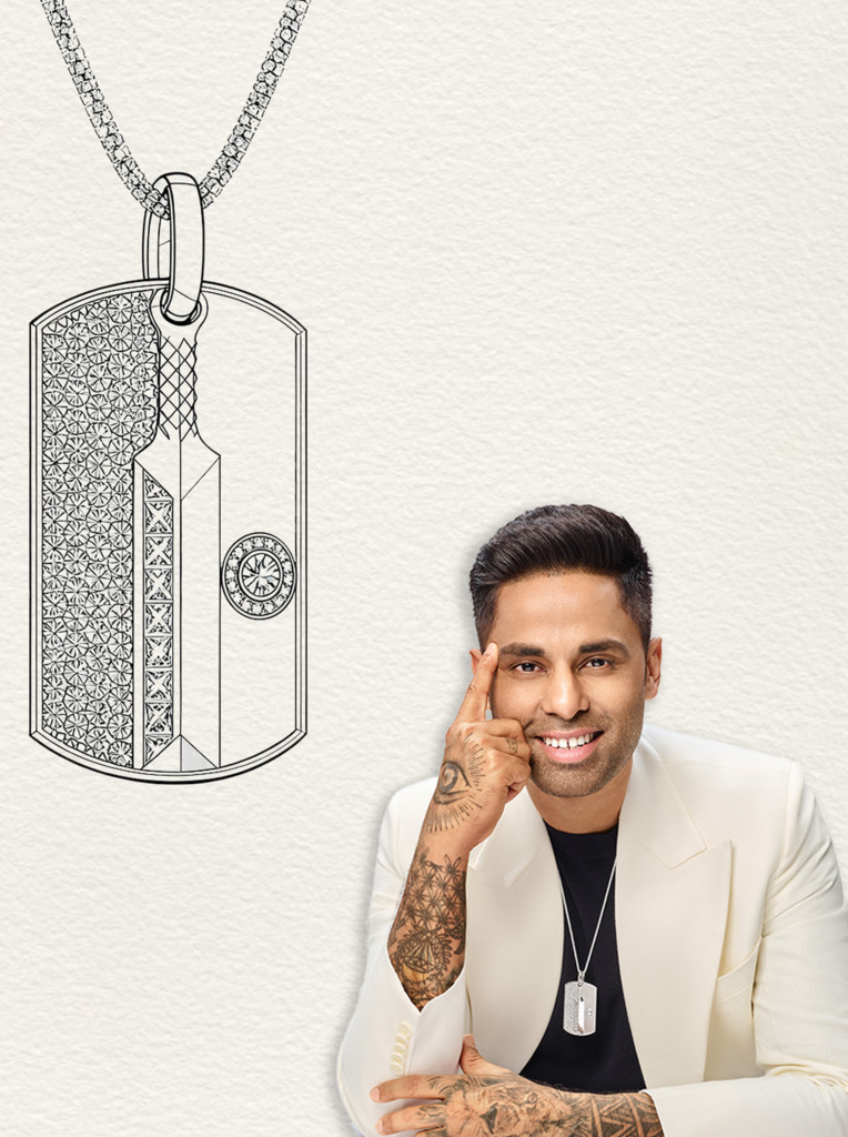 Cricketer Suryakumar Yadav wearing a custom De Beers diamond pendant alongside a shot of the pendant's design sketch