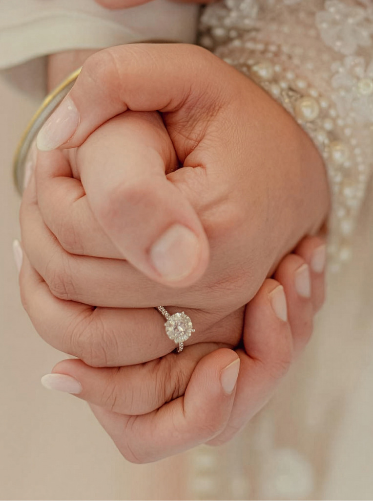 Close up of Parineeti Chopra's round brilliant cut diamond engagement ring