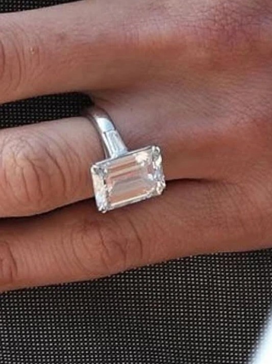 Close up of Amal Clooney's 7-carat emerald-cut diamond engagement ring