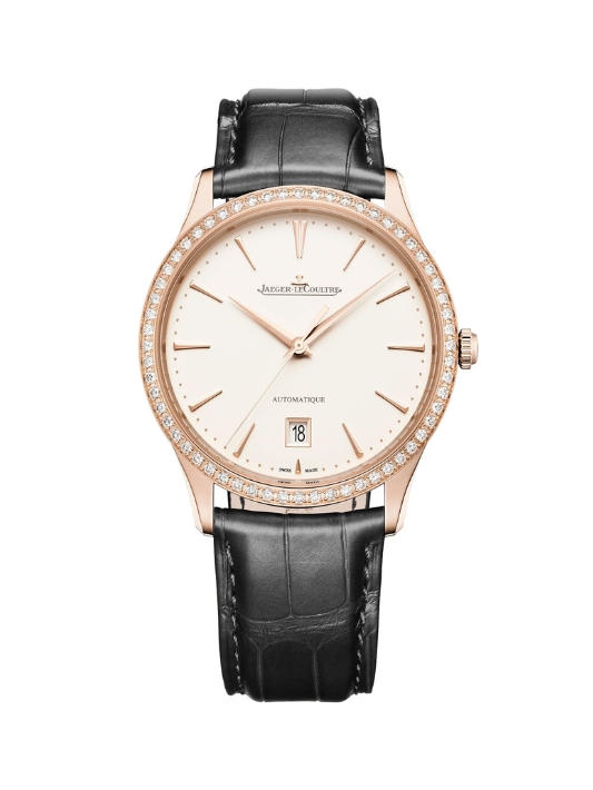 A black leather diamond studded watch