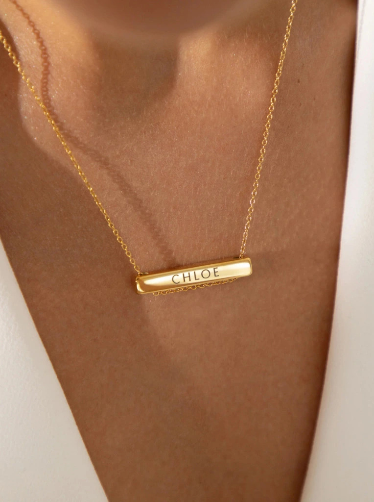 Close up of an engraved necklace