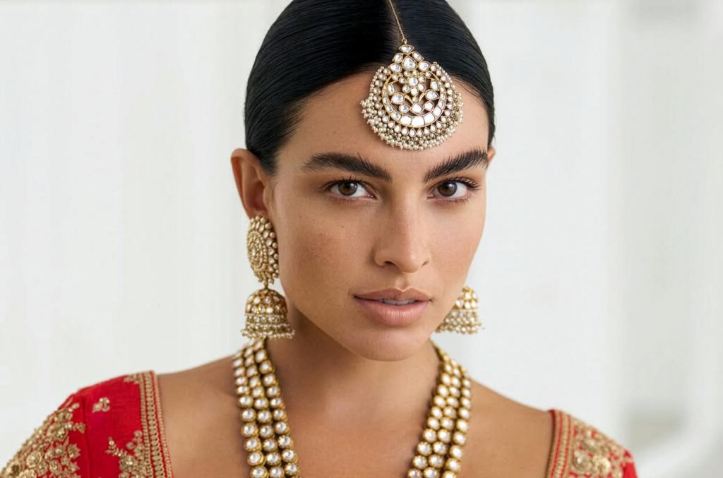 A woman wearing an elaborate diamond maang tikka