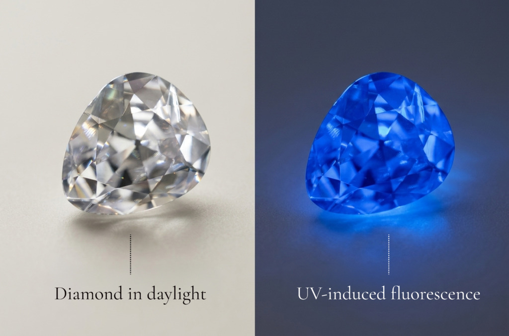 Side by side comparison of a natural diamond in daylight vs UV-induced fluorescence 