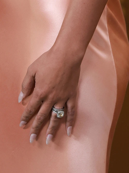 A close up of Millie Bobby Brown's heirloom engagement ring