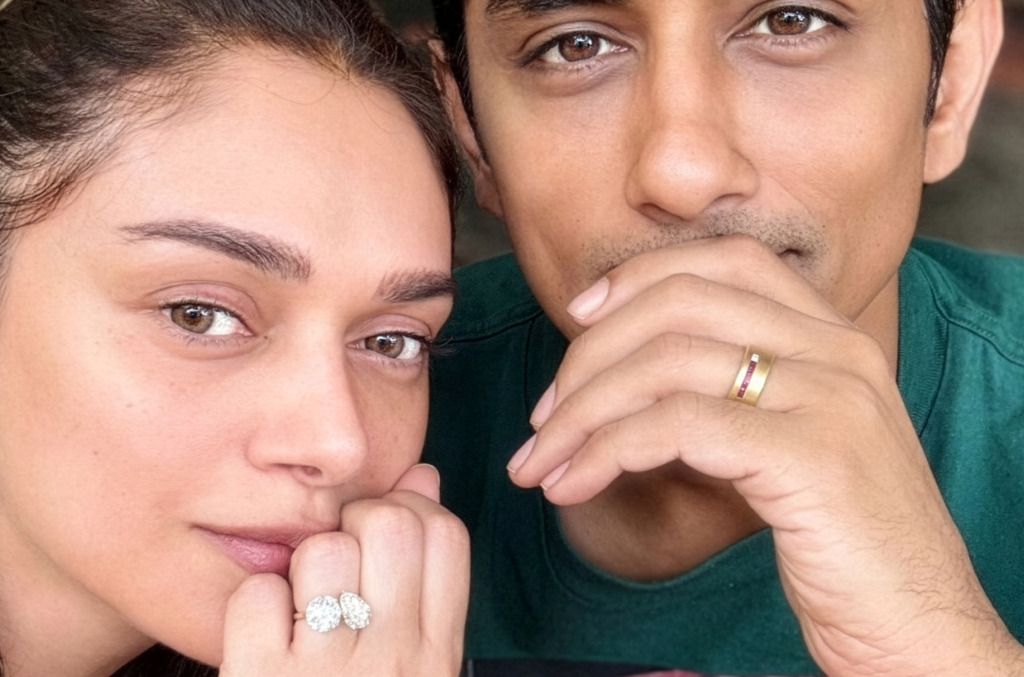 Actors Aditi Rao Hydari and Siddharth with their engagement and wedding rings