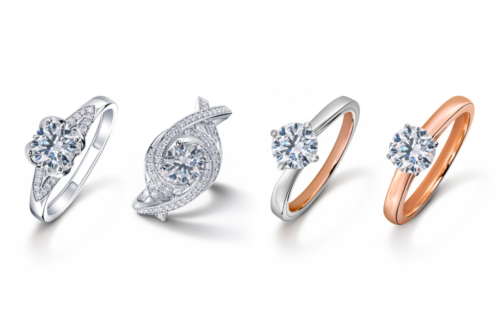 Collage of four natural diamond solitaire ring designs