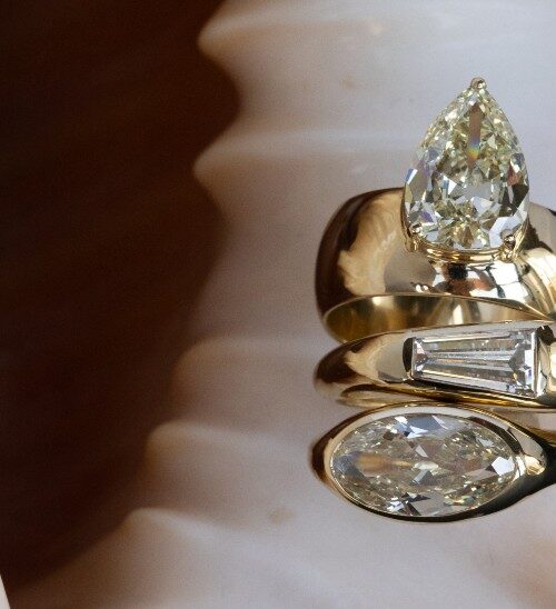 WWAKE gold and diamond rings on shell