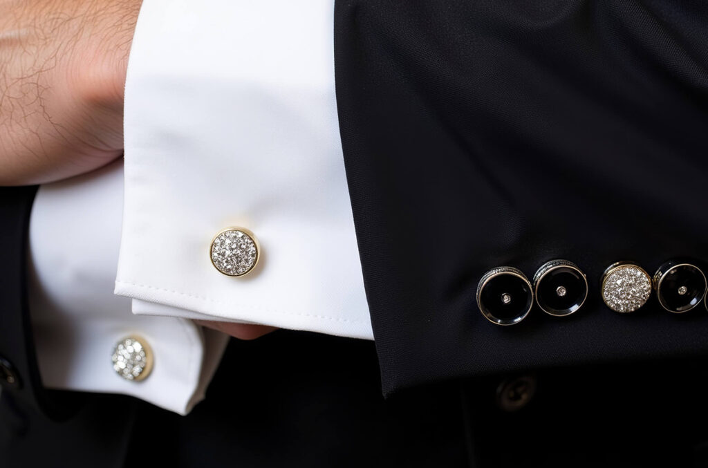A pair of diamond and gold cufflinks on a white shirt