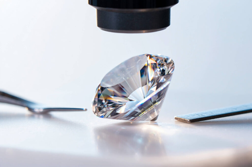 A white diamond sparkling under a microscope
