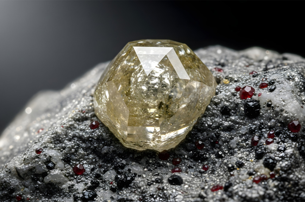 A rough cream-yellow diamond gem on a molten-formed rock