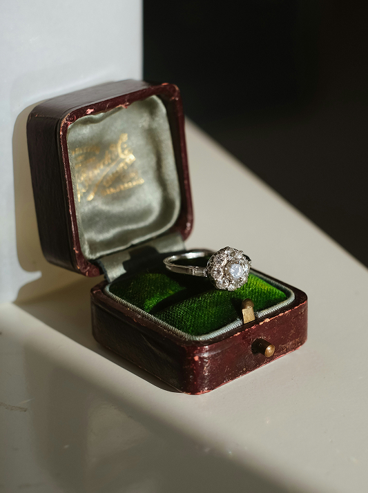 Vintage diamond engagement ring in a ring box