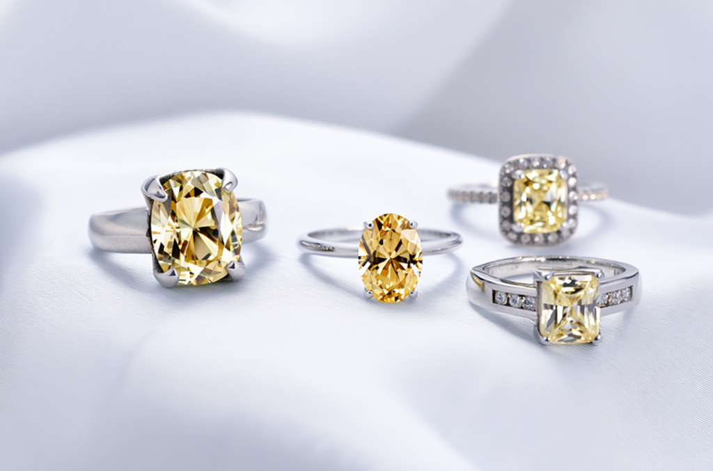 An array of rings, each featuring Honey Desert diamonds
