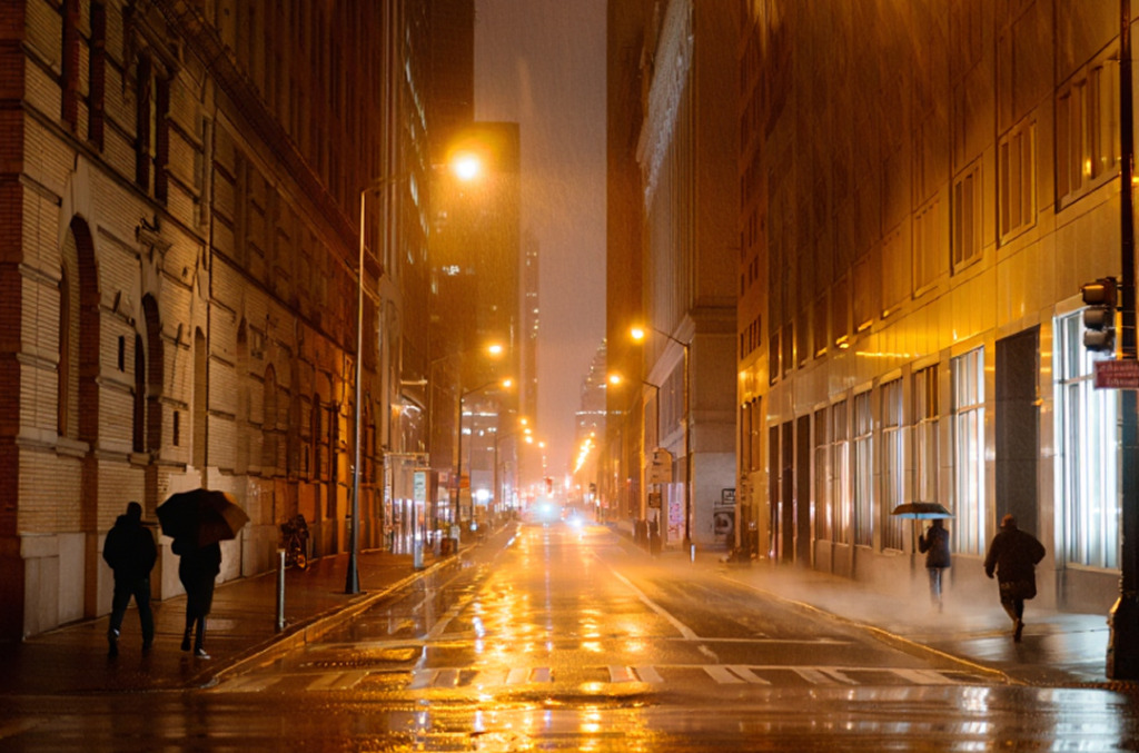 A city street at night glistening with rain, illuminated by golden streetlights that cast a warm, whiskey-toned glow across the wet pavement.