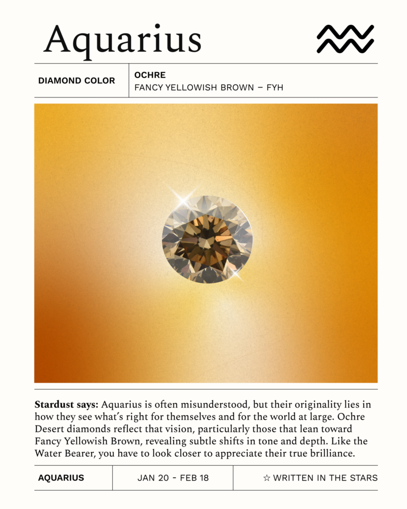 Aquarius zodiac card featuring an Ochre Desert diamond (Fancy Yellowish Brown – FYH). A nuanced yellow-brown diamond expressing Aquarius’s originality, insight, and visionary spirit.