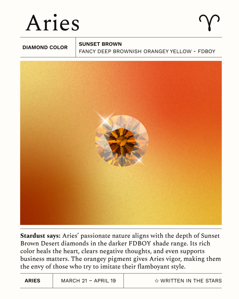 Aries zodiac card featuring a Sunset Brown Desert diamond (Fancy Deep Brownish Orangey Yellow – FDBOY). Symbolizes Aries’ passion, confidence, and fiery energy