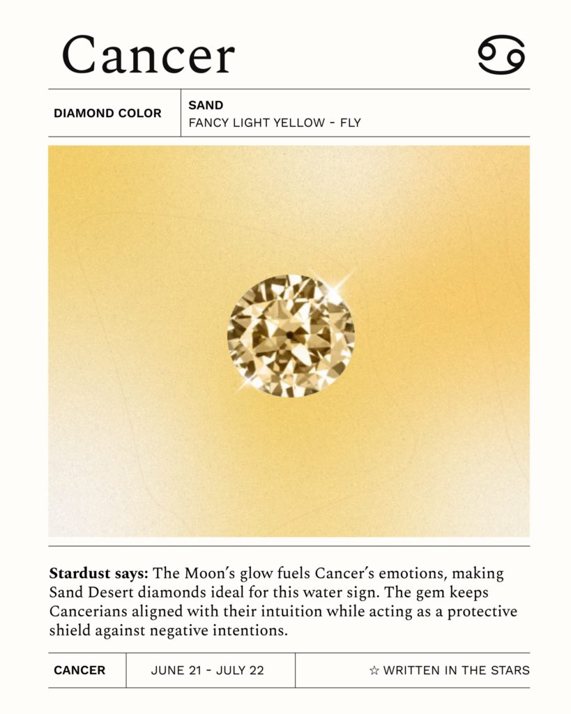 Cancer zodiac card featuring a Sand Desert diamond (Fancy Light Yellow – FLY). A pale yellow diamond associated with intuition, protection, and emotional strength under the Moon’s influence.
