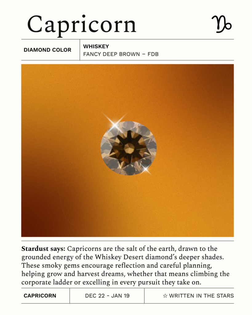 Capricorn zodiac card with a deep Whiskey Desert diamond (Fancy Deep Brown – FDB). A smoky brown diamond reflecting Capricorn’s discipline, ambition, and grounded earth energy.