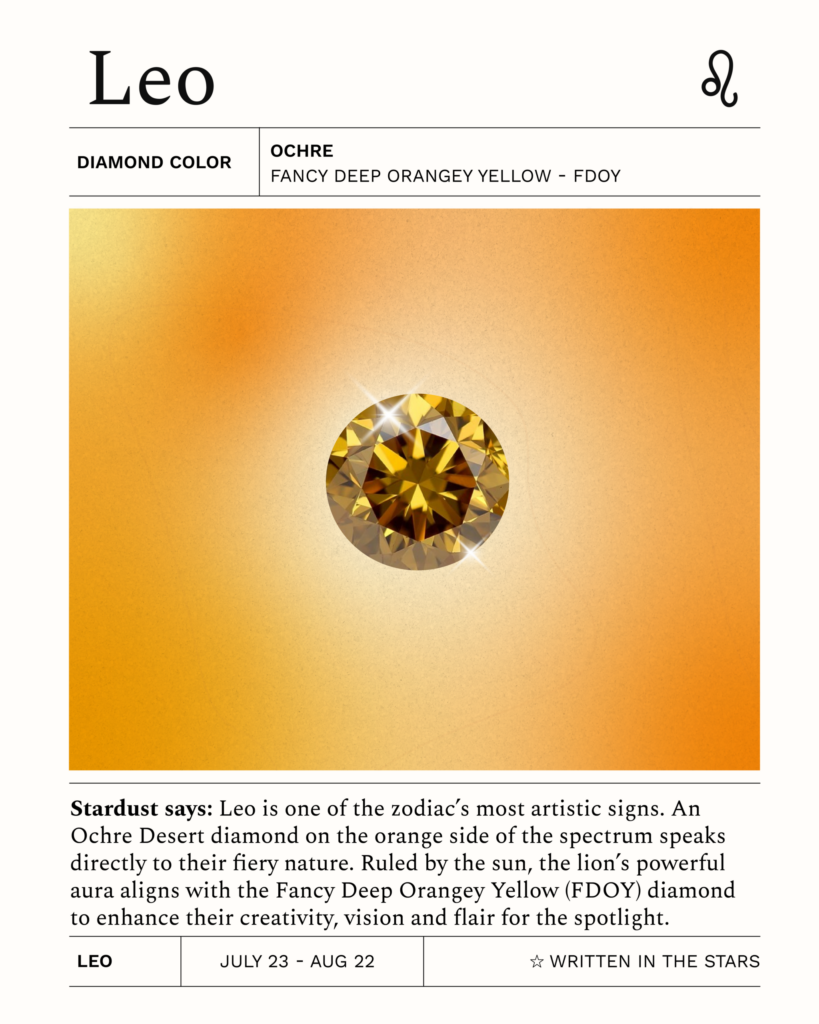 Leo zodiac card with an Ochre Desert diamond (Fancy Deep Orangey Yellow – FDOY). A rich orange-toned diamond reflecting Leo’s creativity, confidence, and sun-ruled charisma.