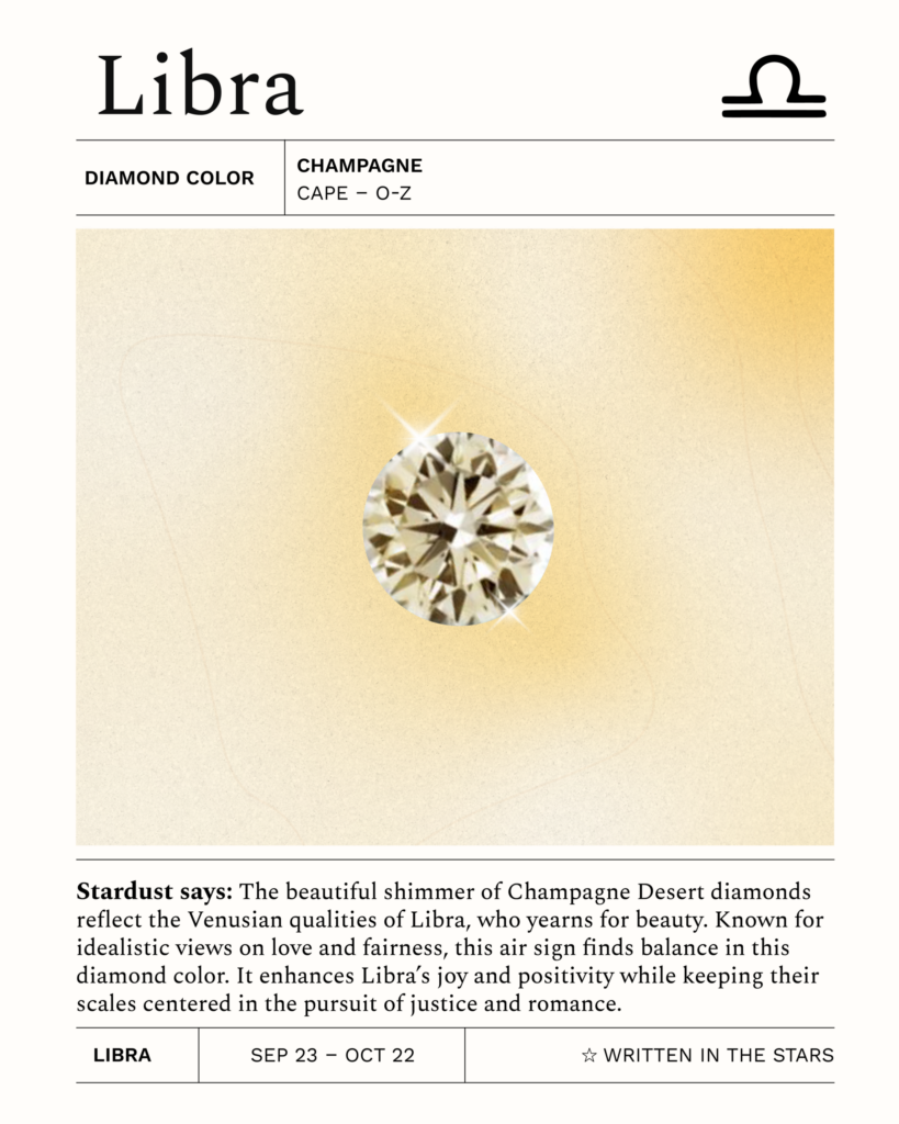 Libra zodiac card featuring a Champagne Desert diamond (Cape – O–Z range). A luminous champagne-colored diamond representing Libra’s Venusian elegance, balance, and romantic pursuit of beauty, harmony, and fairness.