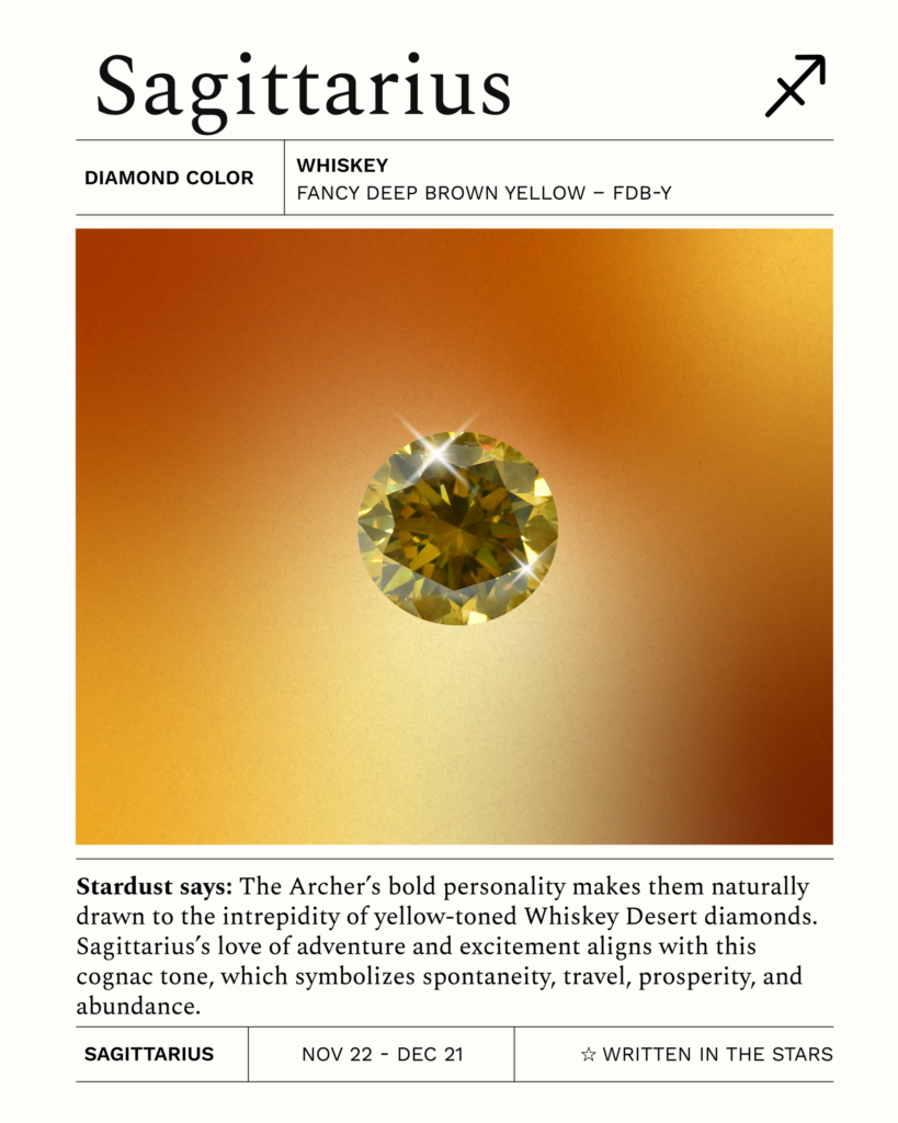 Sagittarius zodiac card featuring a Whiskey Desert diamond (Fancy Deep Brown Yellow – FDB-Y). A warm cognac-toned diamond symbolizing adventure, optimism, and Jupiter’s expansive energy.