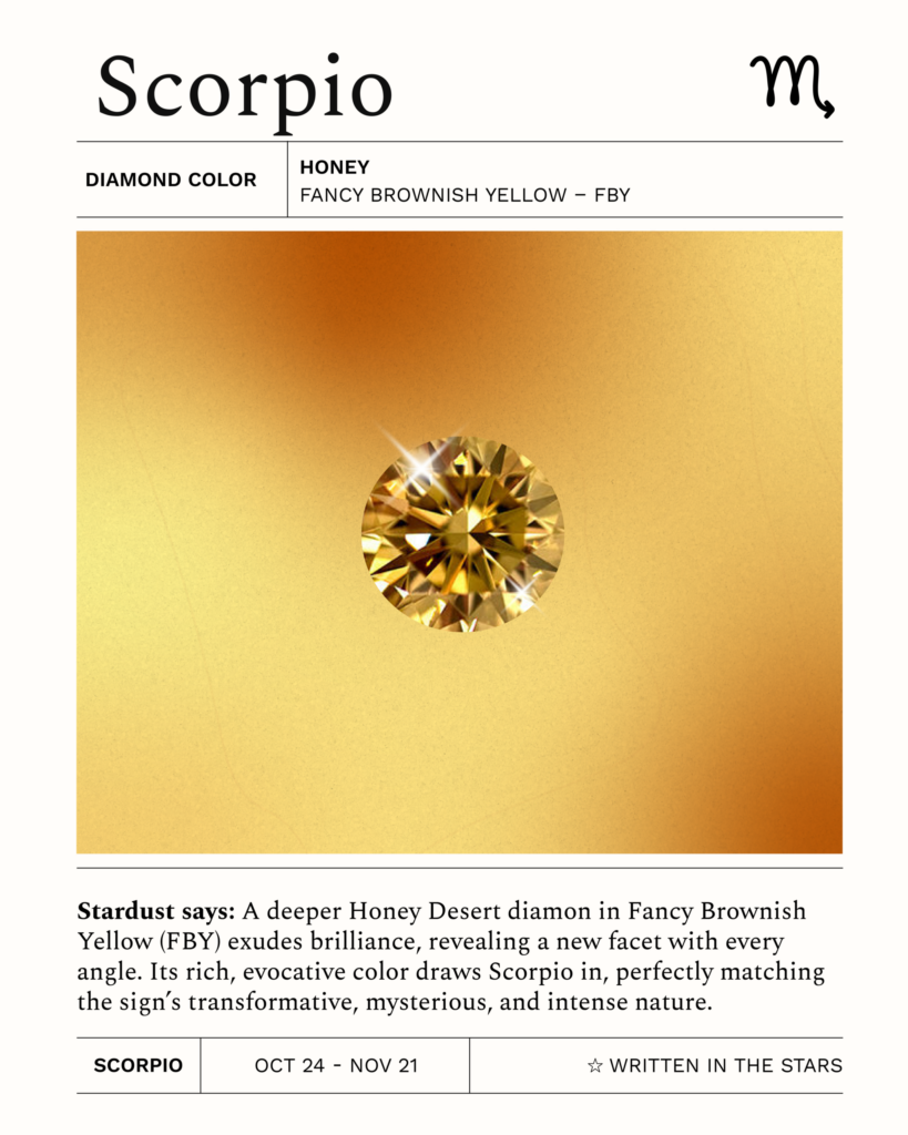 Scorpio zodiac card with a deep Honey Desert diamond (Fancy Brownish Yellow – FBY). A golden-brown diamond mirroring Scorpio’s mysterious, transformative, and magnetic energy.