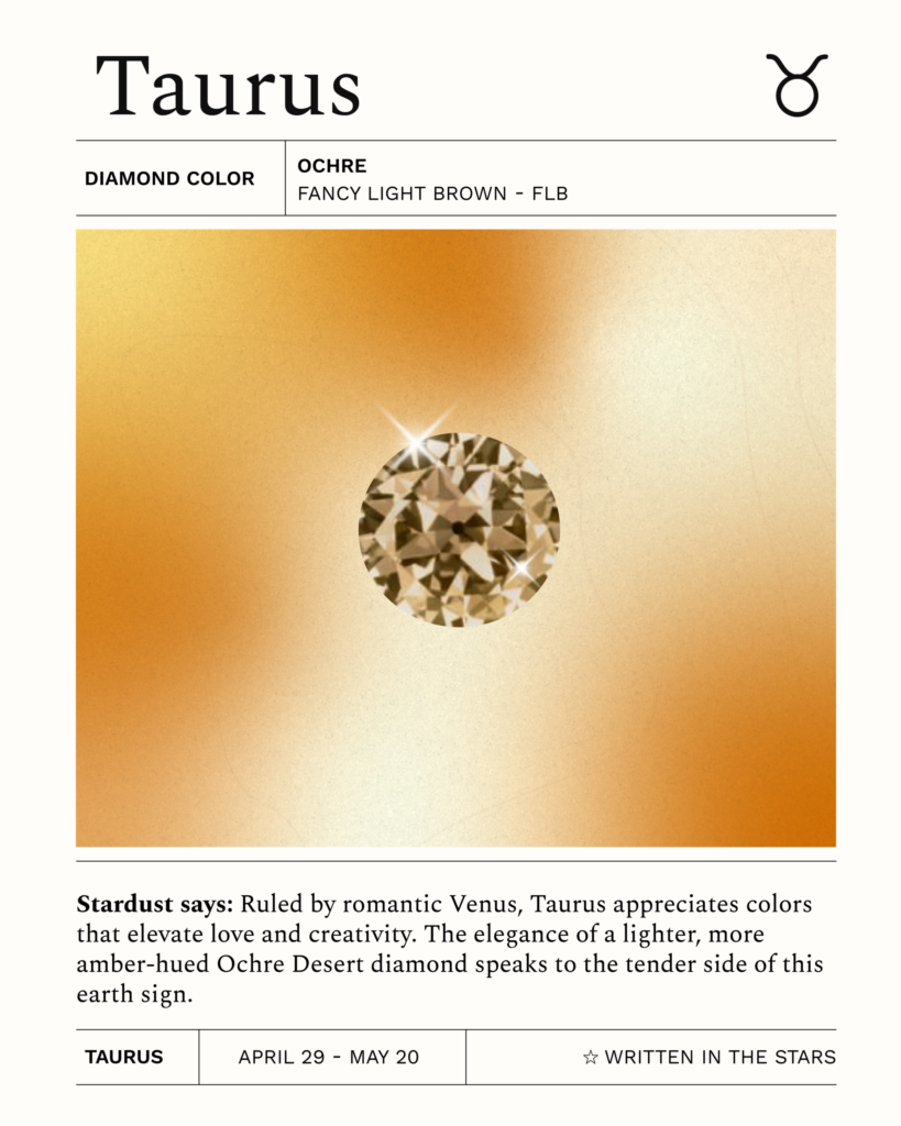 Taurus zodiac card with an Ochre Desert diamond (Fancy Light Brown – FLB). A soft amber-brown diamond representing Taurus’s romantic, creative, and grounded Venusian nature
