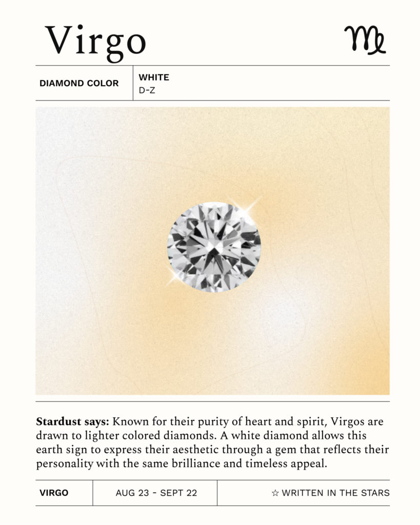 rgo zodiac card showcasing a White Desert diamond (D–Z range). A clear, bright diamond symbolizing purity, order, and Virgo’s thoughtful, refined nature.