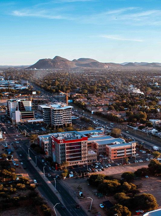 Aerial view of Gaborone, Botswana’s capital, showing modern infrastructure and city growth