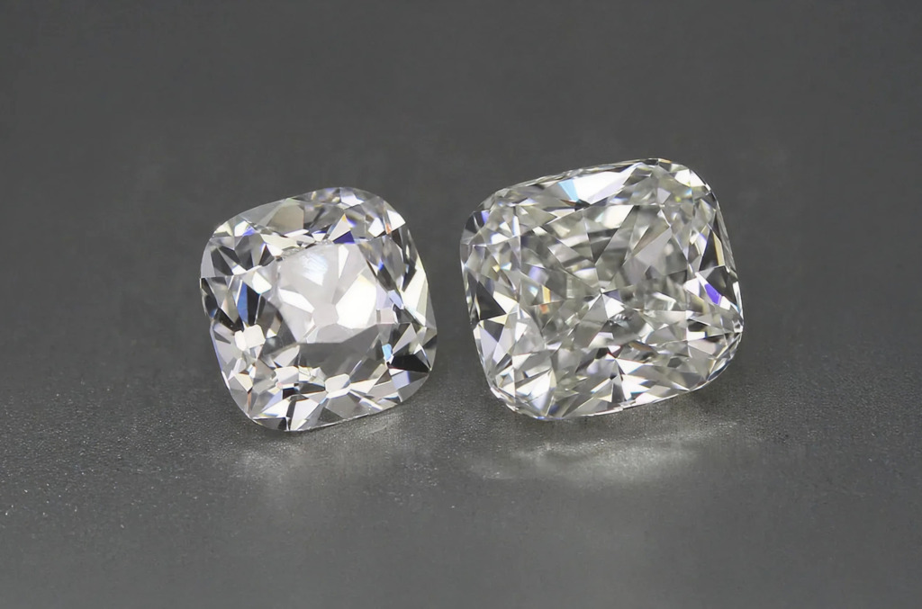 Side-by-side comparison of two cushion-cut diamonds: a modern cushion brilliant with crisp, symmetrical facets and an antique Old Mine–style cushion with broader facets and a softer, vintage glow.