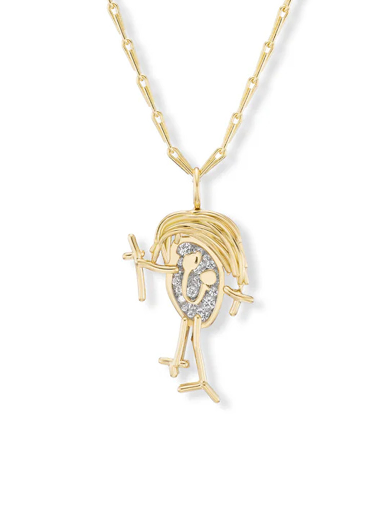 A custom Brent Neale pavé diamond pendant strung on a necklace.