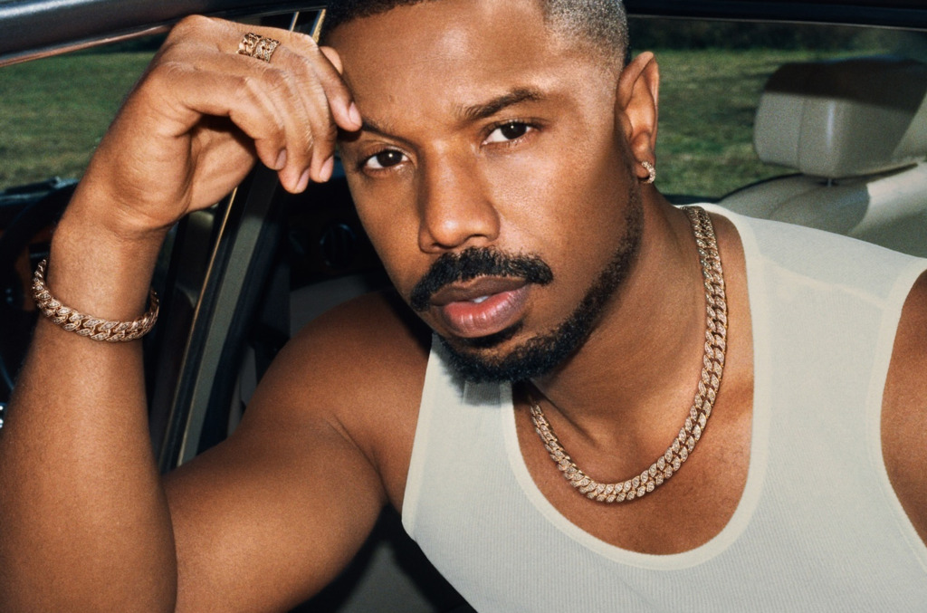Michael B Jordan wearing a chunky chain and bracelet 