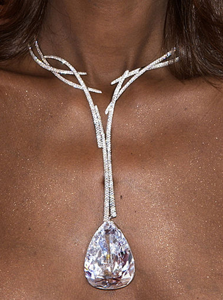 Model Iman wearing the Millennium Star diamond necklace..