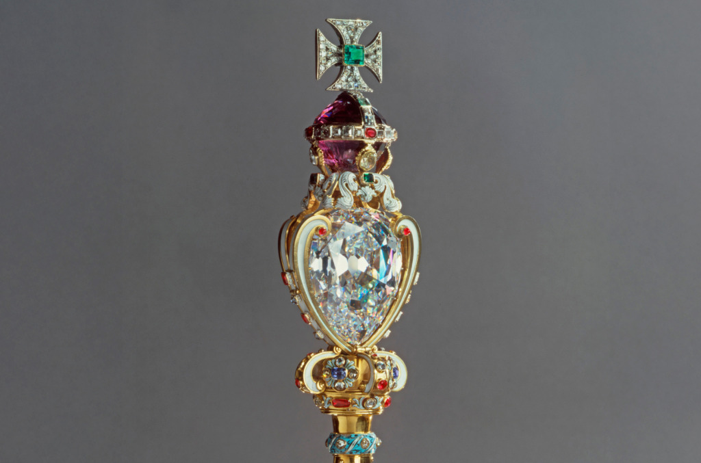The Cullinan diamond shown mounted in the Sovereign’s Sceptre with Cross, part of the British Crown Jewels.