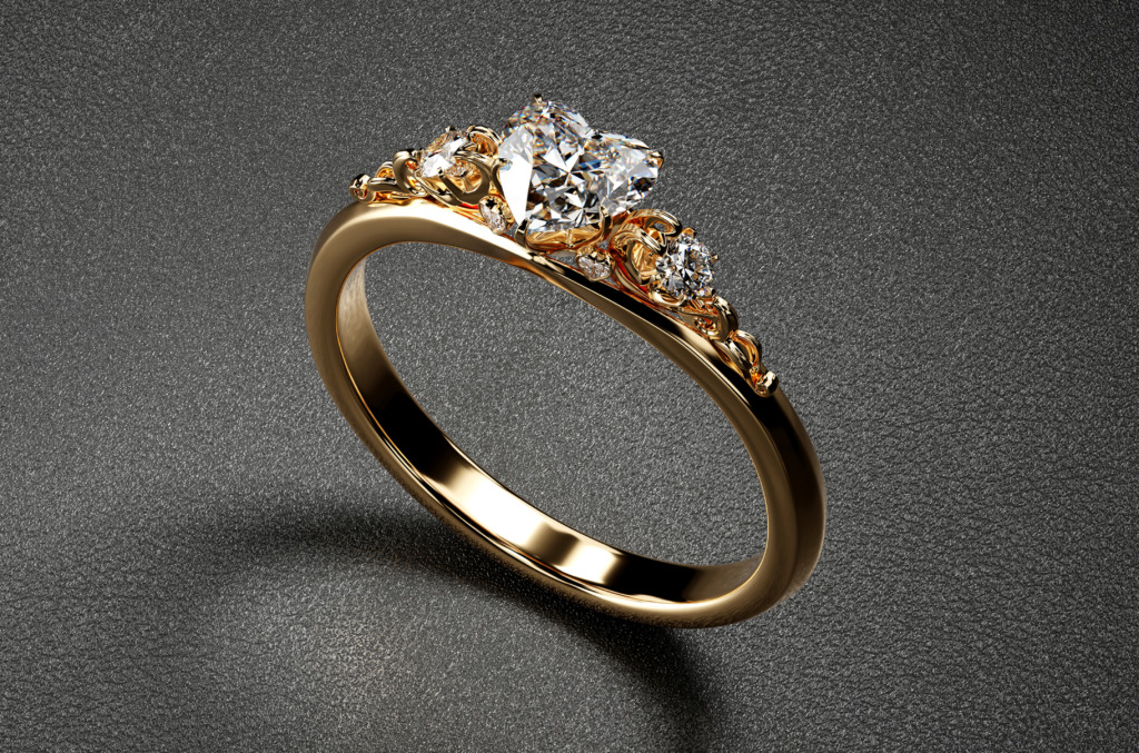 Gold Heart Diamond Ring Isolated Black Background D Rendering Image344696051