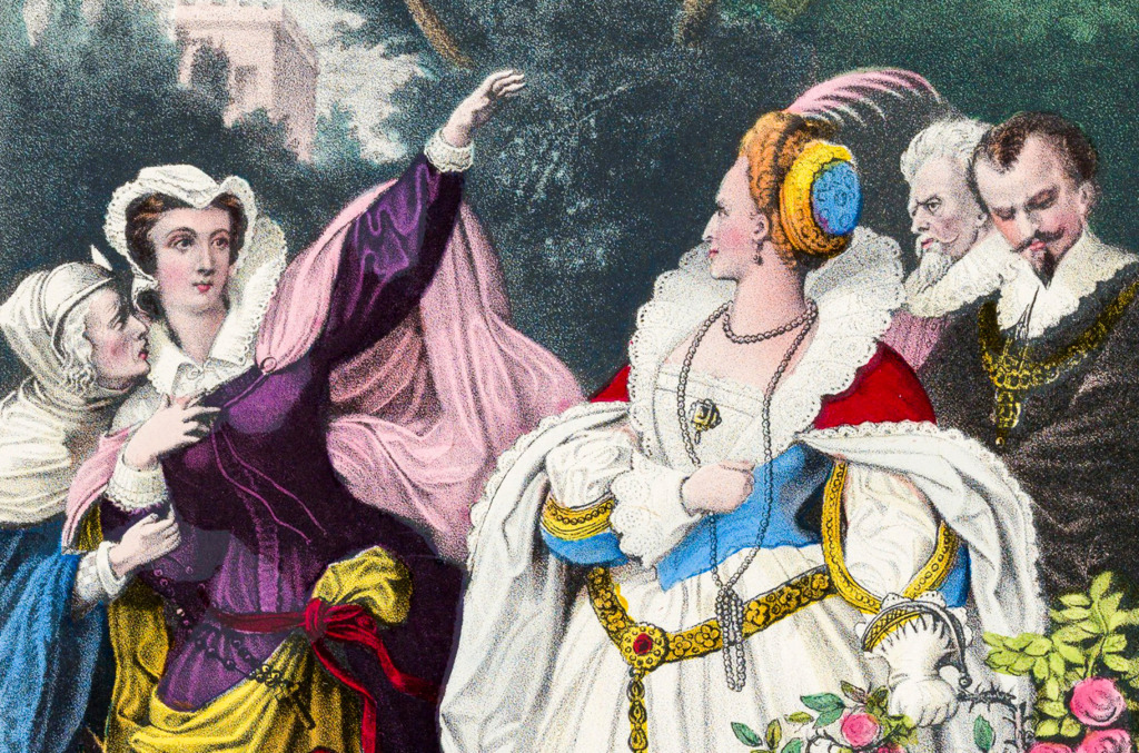 The Rival Queens Mary Queen Of Scots Defying Queen Elizabeth I Hand Coloured Print Currier Ives C 1857 Image241845602.html 