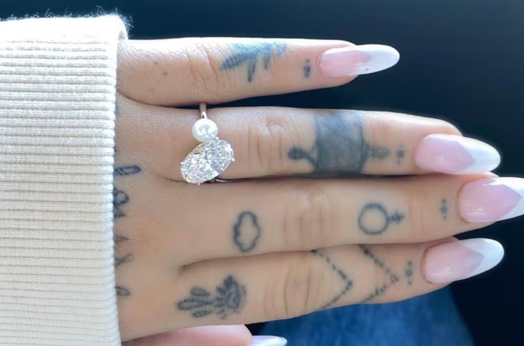 Ariana Grande's 2020 engagement ring, an oval diamond paired with a pearl