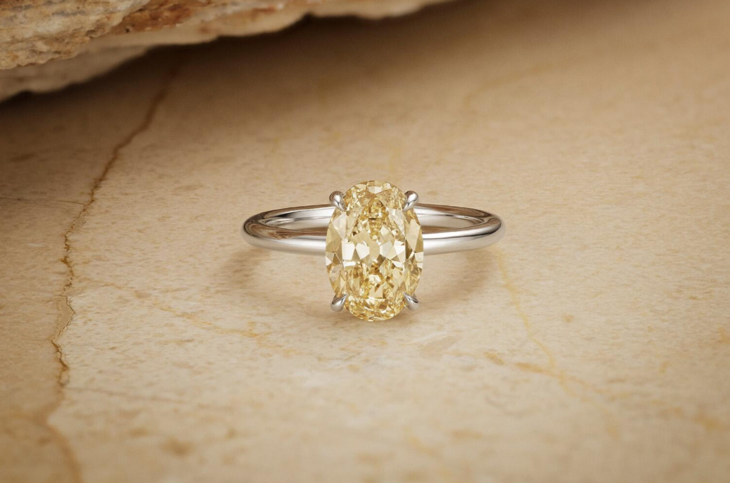 oval engagement ring with a desert diamond as the main stone