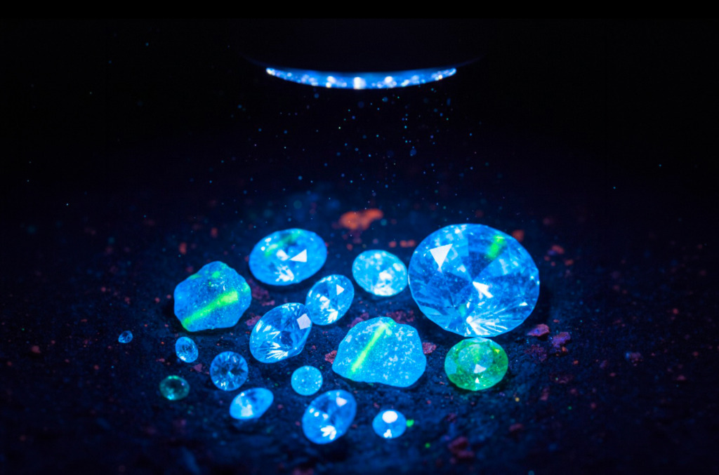 Different natural diamonds under ultraviolet light