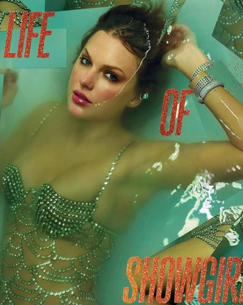 Taylor Swift in a crystal-embellished outfit lying in green-tinted water, surrounded by reflective text that reads “Life of Showgirl.”